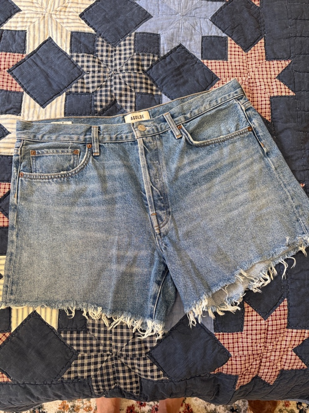 Agolde Light Blue Distressed Frayed Hem Denim Shorts Parker Long